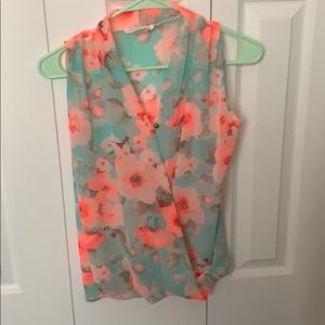 Turquoise and peach short sleeved blouse